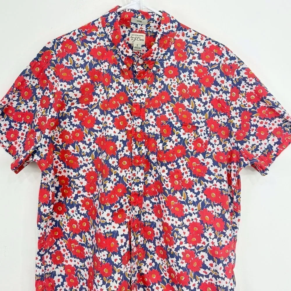 J. Crew Blue Red Floral 100% Cotton Slim Fit Button Down Short Sleeve Shirt